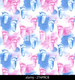 Baby footprints blue and pink feet seamless pattern Watercolor illustration hand draw isolated white background with stains and splashes. Gender party Stock Photo