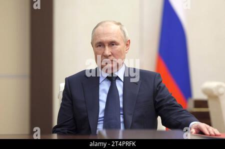 Novo-Ogaryovo, Russia. 31st Oct, 2023. Russian President Vladimir Putin listens to Acting Governor of Vologda Region Geogry Filimonov following his appointment replacing Governor Oleg Kuvshinnikov during a meeting at the Novo-Ogaryovo presidential state residence, October 31, 2023 outside Moscow, Russia. Credit: Gavriil Grigorov/Kremlin Pool/Alamy Live News Stock Photo