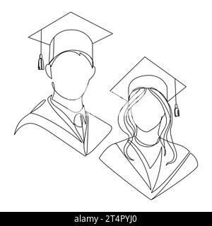 Line art Students graduates in square academic caps sketch drawing vector illustration.Man and woman graduates continuous line abstract portraits Stock Vector