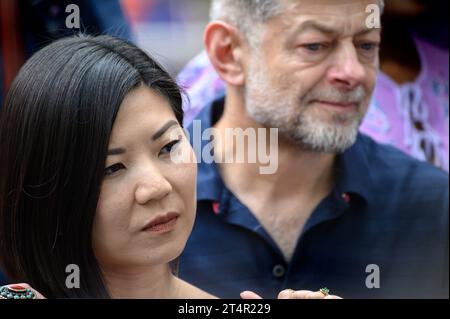 Rebecca Yeo (actress / producer) and Andy Serkis (actor) at an EQUITY event in Leicester Square supporting the SAG-AFTRA American actors' strike 21st Stock Photo