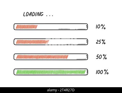 Set of doodle loading bars. Sketch download progress vector illustration, Upload status indicator. Computer user interface design element. Stock Vector