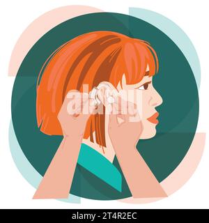 Hearing loss concept.Doctor's hands putting a hearing aid on the ear vector illustration.Young female character with hearing system icon,logo Stock Vector