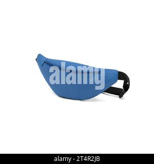 unisex waist bag (money belt) with zipper , side view, blank, mock-up, clipping path isolated on white background. blue color. Stock Photo