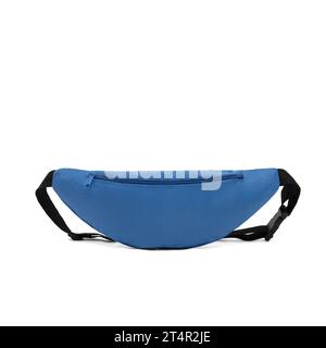 unisex waist bag (money belt) with zipper , front view, blank, mock-up, clipping path isolated on white background. blue color. Stock Photo