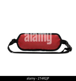 unisex waist bag (money belt) with zipper , back view, blank, mock-up, clipping path isolated on white background. red color. Stock Photo