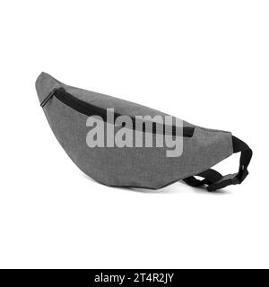 unisex waist bag (money belt) with zipper , side view, blank, mock-up, clipping path isolated on white background. grey color. Stock Photo