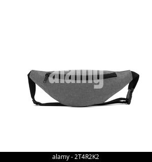 unisex waist bag (money belt) with zipper , front view, blank, mock-up, clipping path isolated on white background. grey color. Stock Photo