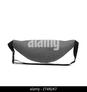 unisex waist bag (money belt) with zipper , back view, blank, mock-up, clipping path isolated on white background. grey color. Stock Photo