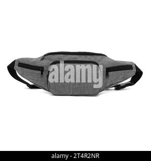 unisex waist bag (money belt) with zipper , front view, blank, mock-up, clipping path isolated on white background. grey color. Stock Photo