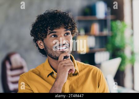Photo of minded nice serious man dressed trendy clothes thinking business project office indoors Stock Photo