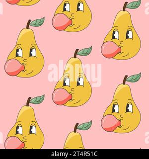 90s Fruit Funny Retro Groovy Pattern with Cartoon Hippie Character. Comic Character of Pears chewing gum with a face. Groovy Summer Vector Print Stock Vector