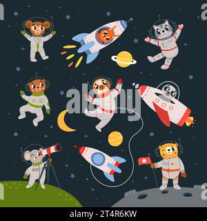 Space adventures animals set. Cute animal wear suits and flying in universe. Game children characters, funny kids stickers classy vector templates Stock Vector