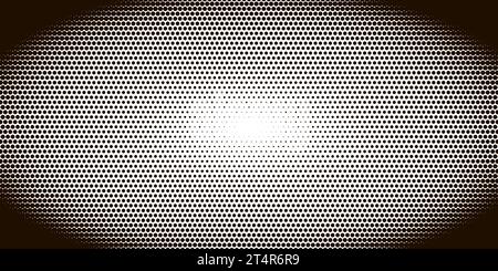 Monochrome pixel halftone ellipse gradient pattern. Texture of dots with color fading toward center. Vector retro illustration Stock Vector