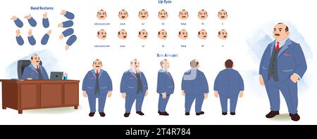 A fat business man modelsheet. Overweight businessman turn around sheet, hand gestures, lip sync Stock Vector