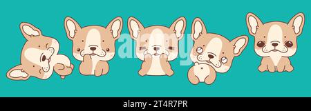 Set of Vector Cartoon Animal Illustrations. Collection of Kawaii Isolated French Bulldog Dog Art for Stickers, Prints for Clothes, Baby Shower Stock Vector