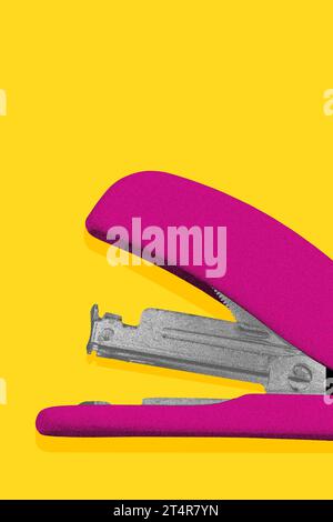 Poster. Contemporary art collage. Modern creative artwork. Stapler in old paper filter against yellow background. Stock Photo