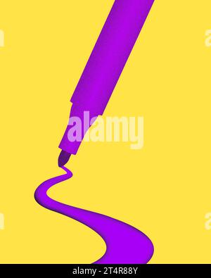 Poster. Contemporary art collage. Modern creative artwork. Think purple pen drawn a line in old paper filter against yellow background. Stock Photo
