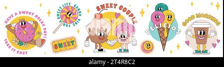 90 Groovy Sticker Food Collage. Cartoon Character of Ice Cream, Donut, Coffee, Candy, Cupcakes and Millennium Slogan Patches. Fun Smile Faces, cool y2k Vector Illustration. Funky art for T-Shirts.  Stock Vector