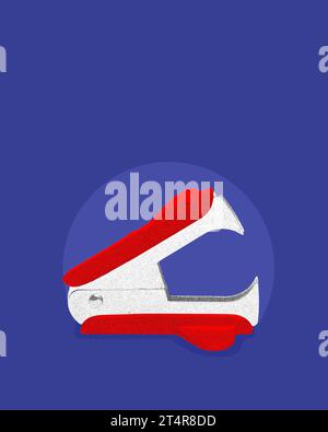 Poster. Contemporary art collage. Modern creative artwork. Stapler remover in old paper filter against yellow background. Stock Photo