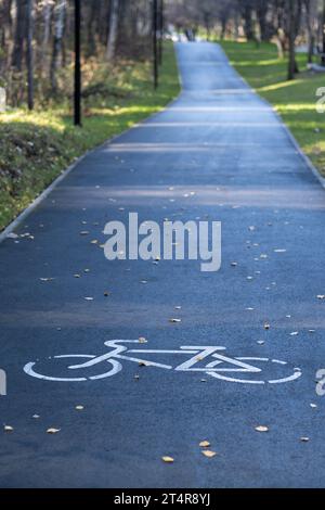 A signpost or bicycle road sign painted on the asphalt in a city park. Stock Photo