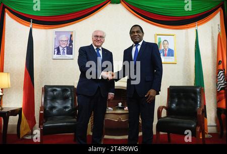 Lusaka, Zambia. 01st Nov, 2023. German President Frank-Walter Steinmeier (l) and Hakainde Hichilema, President of Zambia, meet for talks at State House. President Steinmeier is visiting the East African countries of Tanzania and Zambia this week. Credit: Bernd von Jutrczenka/dpa/Alamy Live News Stock Photo