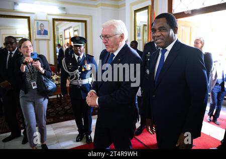 Lusaka, Zambia. 01st Nov, 2023. German President Frank-Walter Steinmeier (l) and Hakainde Hichilema, President of Zambia, meet for talks at State House. President Steinmeier is visiting the East African countries of Tanzania and Zambia this week. Credit: Bernd von Jutrczenka/dpa/Alamy Live News Stock Photo