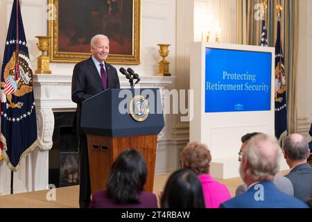 Washington, United States. 31st Oct, 2023. U.S. President Joe Biden delivers remarks on retirement security and junk fees in the State Dining Room of the White House, October 31, 2023 in Washington, DC Credit: Adam Schultz/White House Photo/Alamy Live News Stock Photo