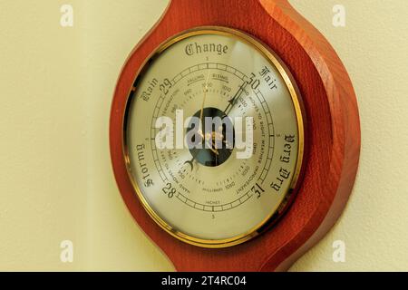 Closeup of the dial of an analogue barometer indicating to fair weather Stock Photo