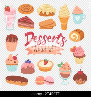 Dessert products isolated on white background. Cupcakes, sweets, ice creams, and pastries. Hand-drawn illustration. Isolated clip arts. Vector illustr Stock Vector