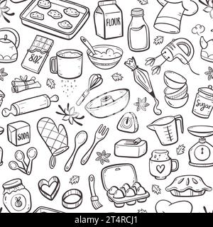 Home baking products seamless pattern. Hand-drawn doodle illustration isolated on white background. Repeat pattern. Vector illustration. Stock Vector