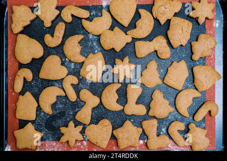 Freshly baked Christmas cookies lie on a baking sheet. Top view Stock Photo