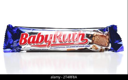 IRVINE, CALIFORNIA - 1 NOV 2023: A full size Baby Ruth Candy bar from Nestle. Stock Photo