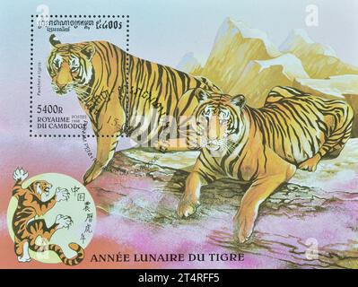 Souvenir Sheet with cancelled postage stamp printed by Cambodia, that shows Tiger,  Chinese New Year 1998 - Year of the Tiger, circa 1998. Stock Photo