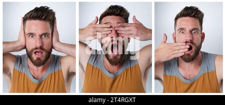 Hear no evil, see no evil, speak no evil. Composite shot of a young man pulling funny faces in studio. Stock Photo