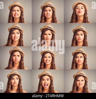 Different faces for different feelings. Composite studio image of an attractive young woman making various facial expressions against a gray Stock Photo