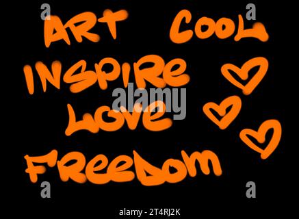 Collection of graffiti street art tags with words and symbols in orange color on black background Stock Photo