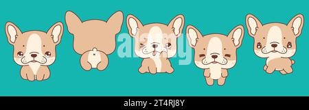 Set of Kawaii Isolated French Bulldog Puppy. Collection of Vector Cartoon Pet Illustrations for Stickers, Baby Shower, Coloring Pages, Prints for Stock Vector