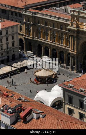 Early 1900s vintage carousel, the Antica Giostra Toscana, in Piazza della Repubblica, Florence, Tuscany, Italy.  It was renovated in 1997 and now operates 365 days a year. Stock Photo