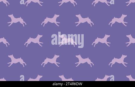 Running miniature pinscher puppy isolated on a violet background. Seamless pattern. Endless texture. Design for wallpaper, fabric, template, printing. Stock Vector