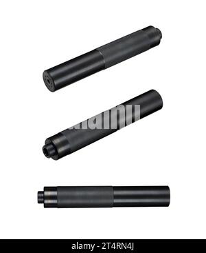 Black silencer for weapons. Suppressor that is at the end of an assault rifle. Isolate on a white background. Stock Photo