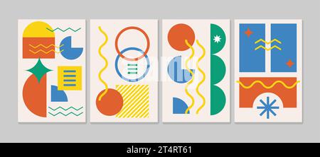 Brutalist posters set with abstract geometric shapes and naive grids. Brutal contemporary figure star oval spiral wave and other primitive elements. S Stock Vector