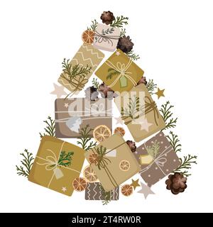 Christmas tree made from Xmas gift boxes vector illustration on a white background.Craft Gift boxes in the shape of a pine tree.Design element Stock Vector