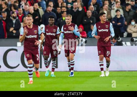 London, UK. 01st Nov, 2023. West Ham United's Jarrod Bowen (centre) celebrates their side's first goal of the game during the West Ham United FC v Arsenal FC Carabao Cup Round 4 match at the London Stadium, London, England, United Kingdom on 1 November 2023 Credit: Every Second Media/Alamy Live News Stock Photo