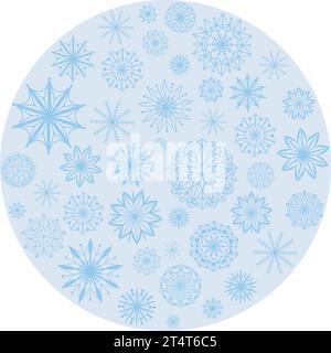 Round template with snowflakes. Circular winter snowfall background. Copy space card for seasonal design. Beautiful silhouette of crystals on blue Stock Vector
