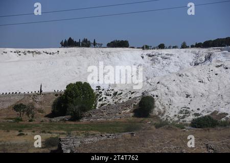 ANTALYA, TURKEY - MAY 15, 2021 Turquoise pools in travertine terraces at Pamukkale. Cotton castle in southwestern Turkiye Stock Photo