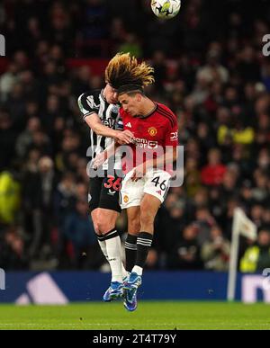 Newcastle United's Sean Longstaff (left) and Manchester United's Hannibal Mejbri battle for the ball during the Carabao Cup fourth round match at Old Trafford, Manchester. Picture date: Wednesday November 1, 2023. Stock Photo