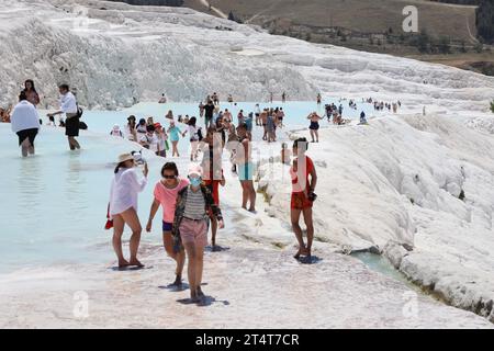 ANTALYA, TURKEY - MAY 15, 2021 Turquoise pools in travertine terraces at Pamukkale. Cotton castle in southwestern Turkiye Stock Photo