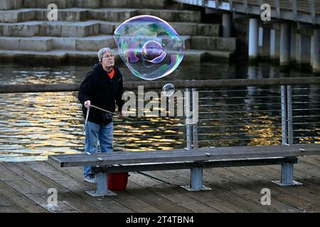 man blowing large soap bubbles, False Creek, Vancouver, British Columbia, Canada Stock Photo