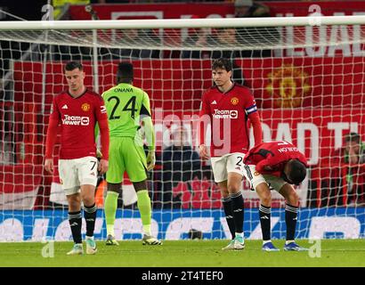 Manchester United's Sergio Reguilon reacts after Newcastle United's Joe Willock (not pictured) scores their side's third goal of the game during the Carabao Cup fourth round match at Old Trafford, Manchester. Picture date: Wednesday November 1, 2023. Stock Photo