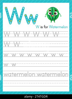 Trace letter W uppercase and lowercase. Alphabet tracing practice preschool worksheet for kids learning English with cartoon watermelon. Activity page Stock Vector